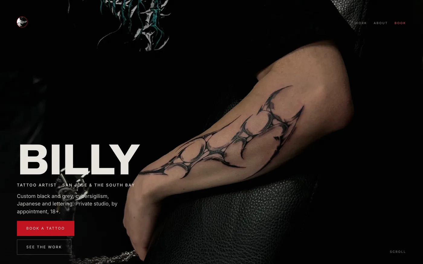 The Billy home page, a cybersigilism forearm tattoo filling the frame beside the name Billy and a Book a Tattoo button