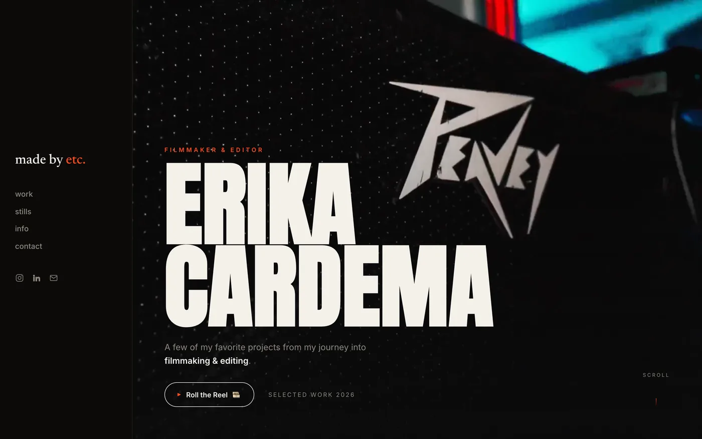 The selected-projects grid on the Erika Cardema site, with category filters above a grid of video thumbnails