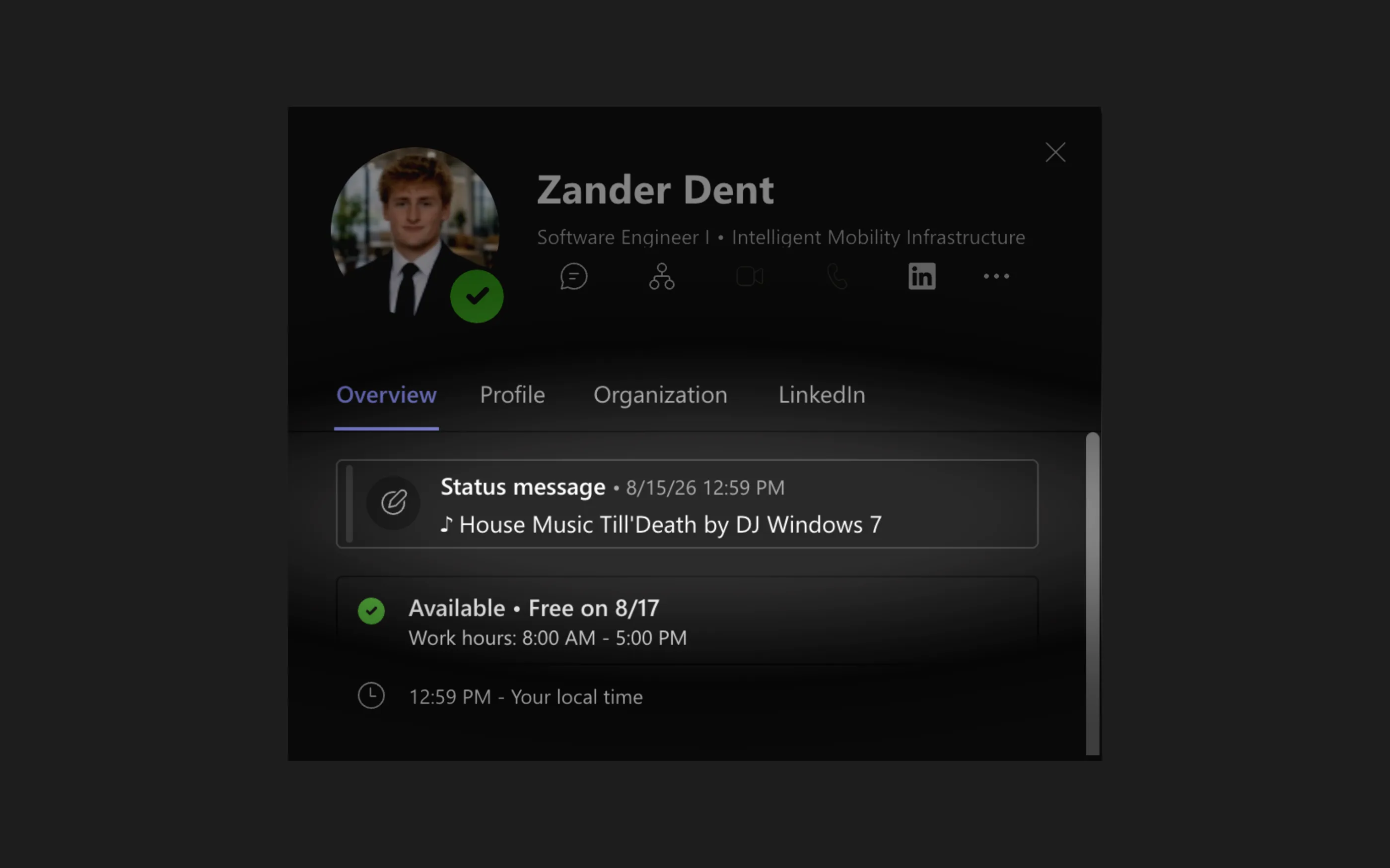 A Microsoft Teams profile card whose status message reads a musical note followed by House Music Till'Death by DJ Windows 7, written there automatically by the app