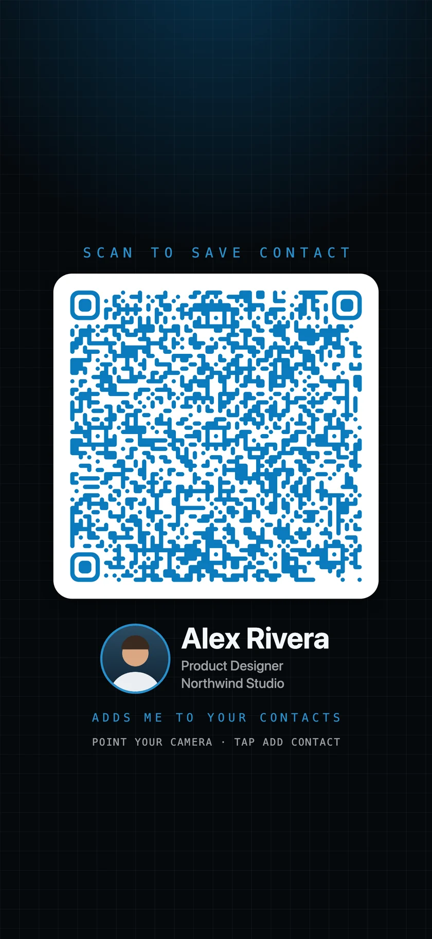 A Lockcard lock-screen wallpaper: a QR code that adds the contact in one scan, under the phone clock