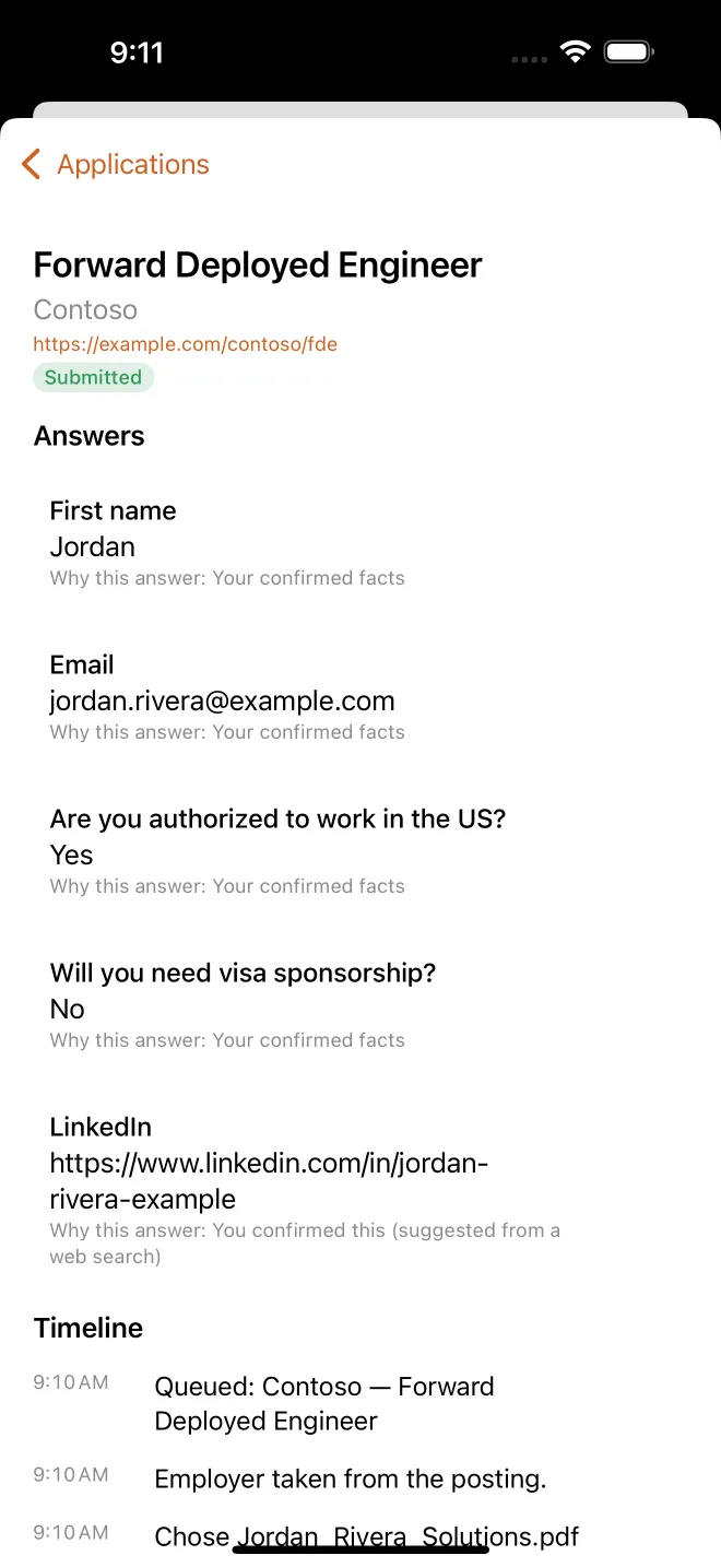 A submitted application in Tenvy: Forward Deployed Engineer at Contoso, with each answer labelled Why this answer, such as Your confirmed facts, or You confirmed this (suggested from a web search) for the LinkedIn URL, followed by a timeline of each step.